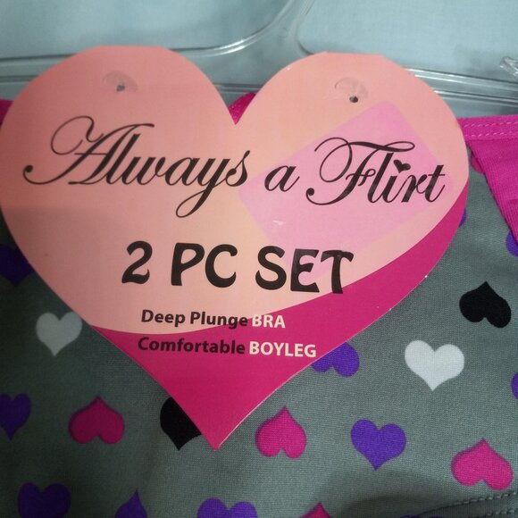 Always A Flirt 34C 6 M Bra Panties 2 Pc Set Deep Plunge Boyleg Pink Heart NEW - Picture 3 of 8